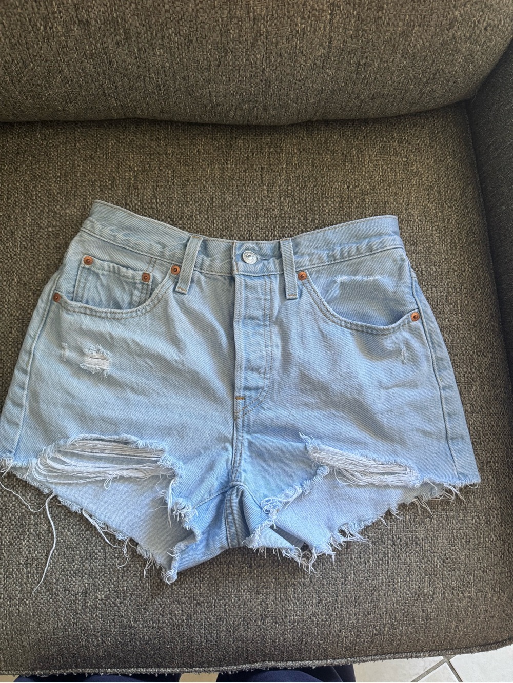 Levi's Light Blue Distressed High-Rise Denim Shorts